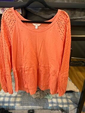 Time and Tru Coral Eyelet-Sleeve Peplum Tunic